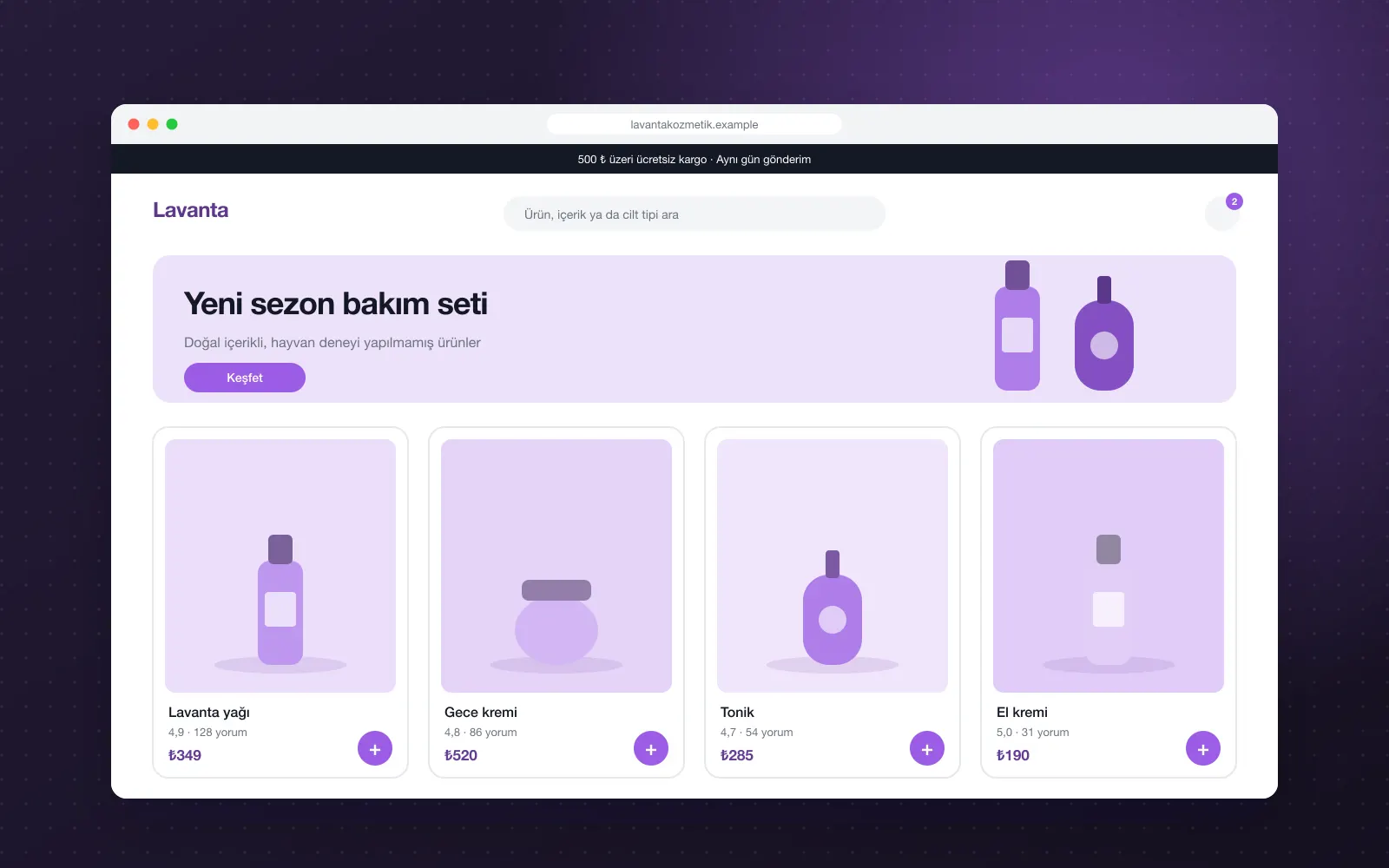 Lavanta Kozmetik E-ticaret Altyapısı: masaüstü görünüm